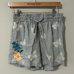 Johnny Was Short Embroidered Linen Butterfly Floral Drawstring Short Pockets XS